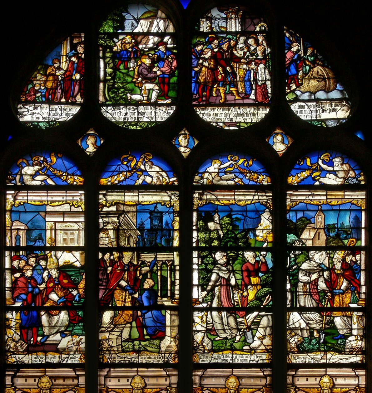 Fenêtre w19 représentant des scènes de la vie de Saint Fiacre - French School