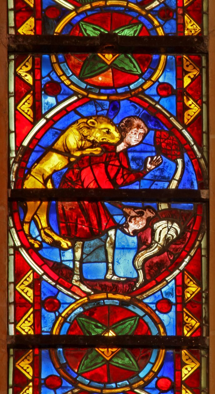 Scène de la vie de Saint Thomas : un lion attaque le cupbearer alors qu
