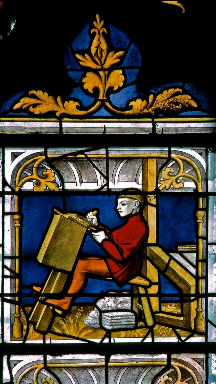 Fenêtre w25 représentant un drapier au travail dans la fenêtre des Drapiers - French School