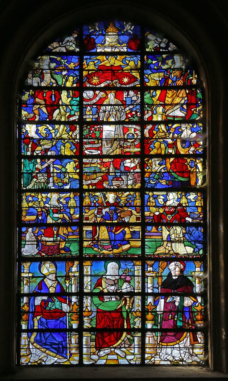Fenêtre w32 représentant la Litanie de la Vierge et Saint Lubin, Saint Jean-Baptiste et Saint Maur - French School