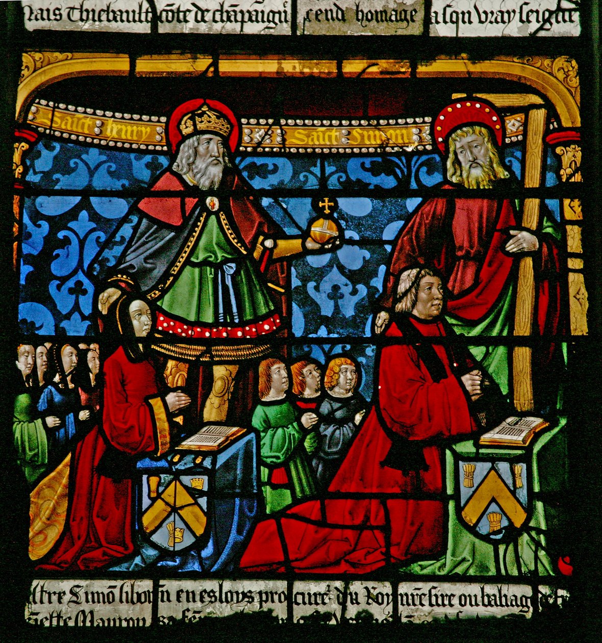 Donateurs - Henriette de Mauroy et Simon Liboron avec leurs enfants et saints patrons Saint Henri et Simon de Cyrène - French School