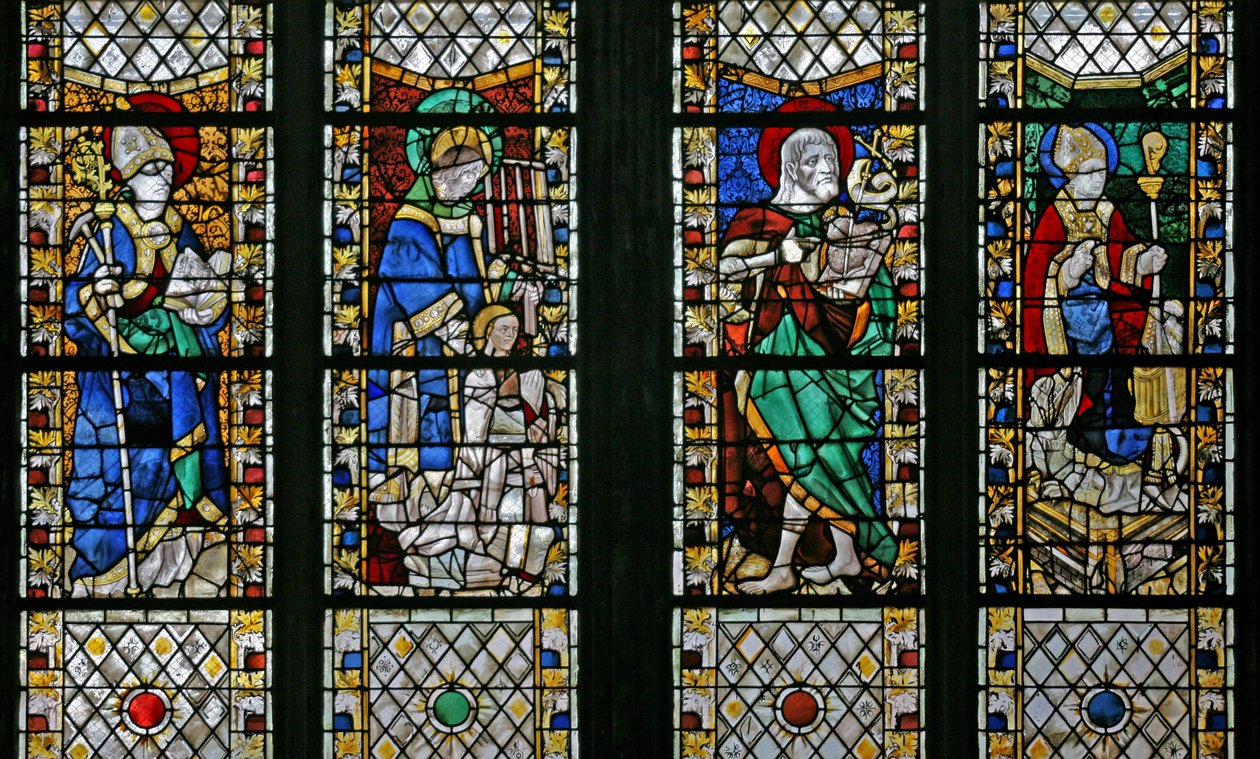Fenêtre w47 représentant Saint Éloi, Saint Laurent, Saint Jean-Baptiste et Saint Nicolas - French School