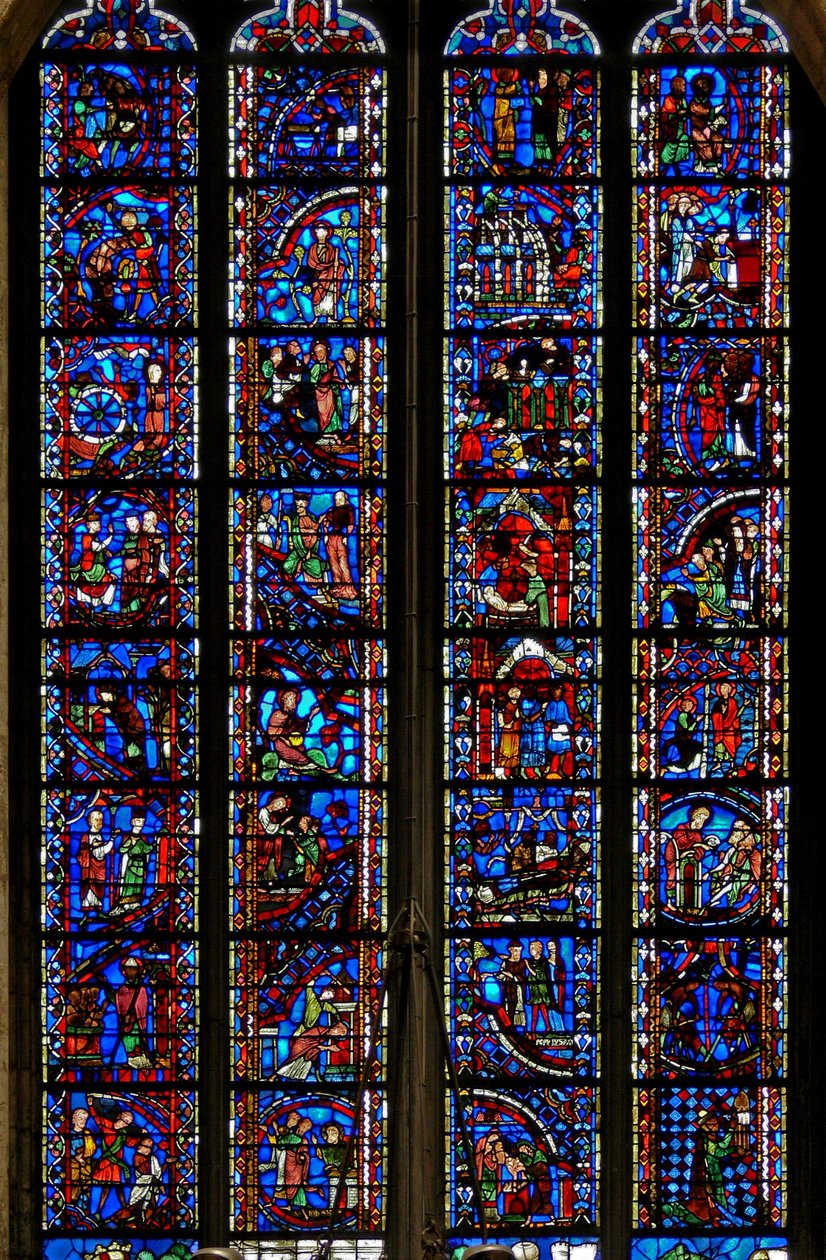 Fenêtre w53 représentant des scènes de la vie de Sainte Catherine, Saint Nicolas, Saint Jean-Baptiste, Saint Étienne - French School