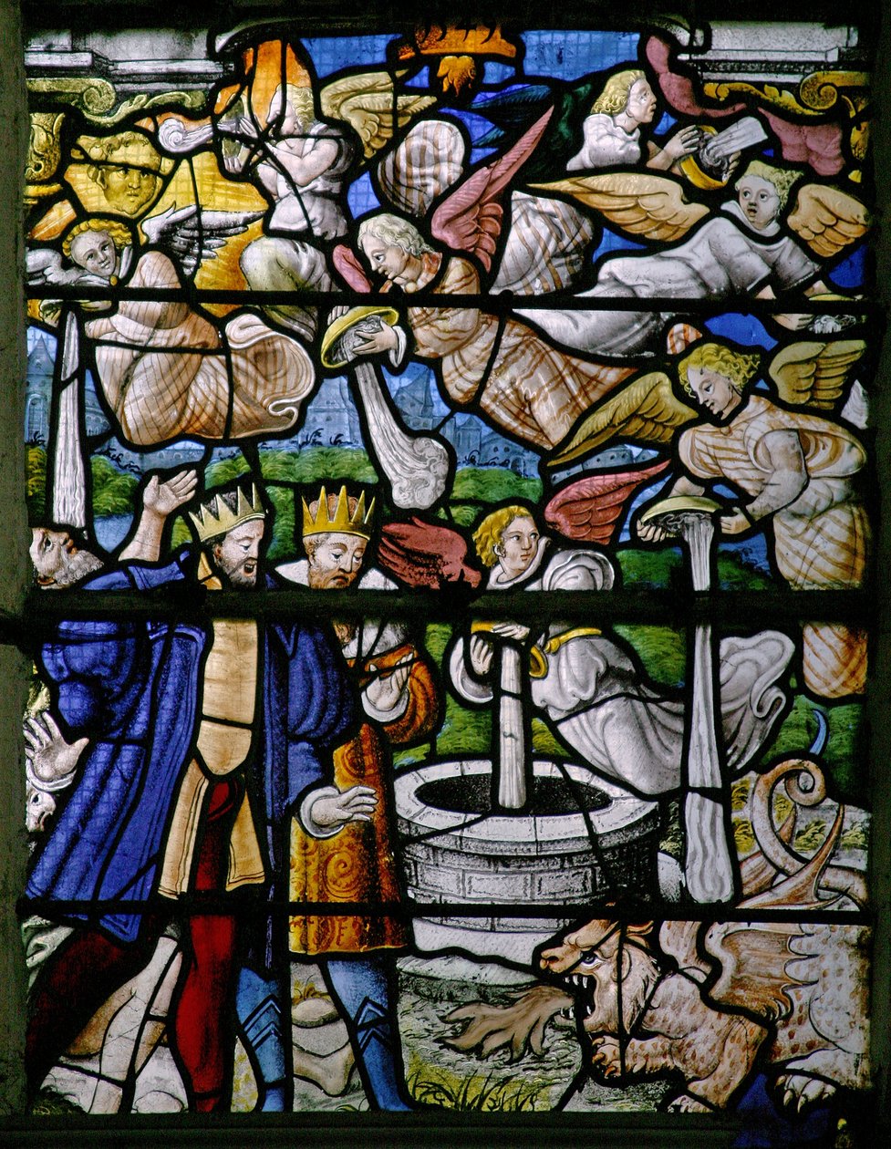 Fenêtre w5 représentant des scènes du Livre de la Révélation de Saint Jean : des hommes sont brûlés ; l