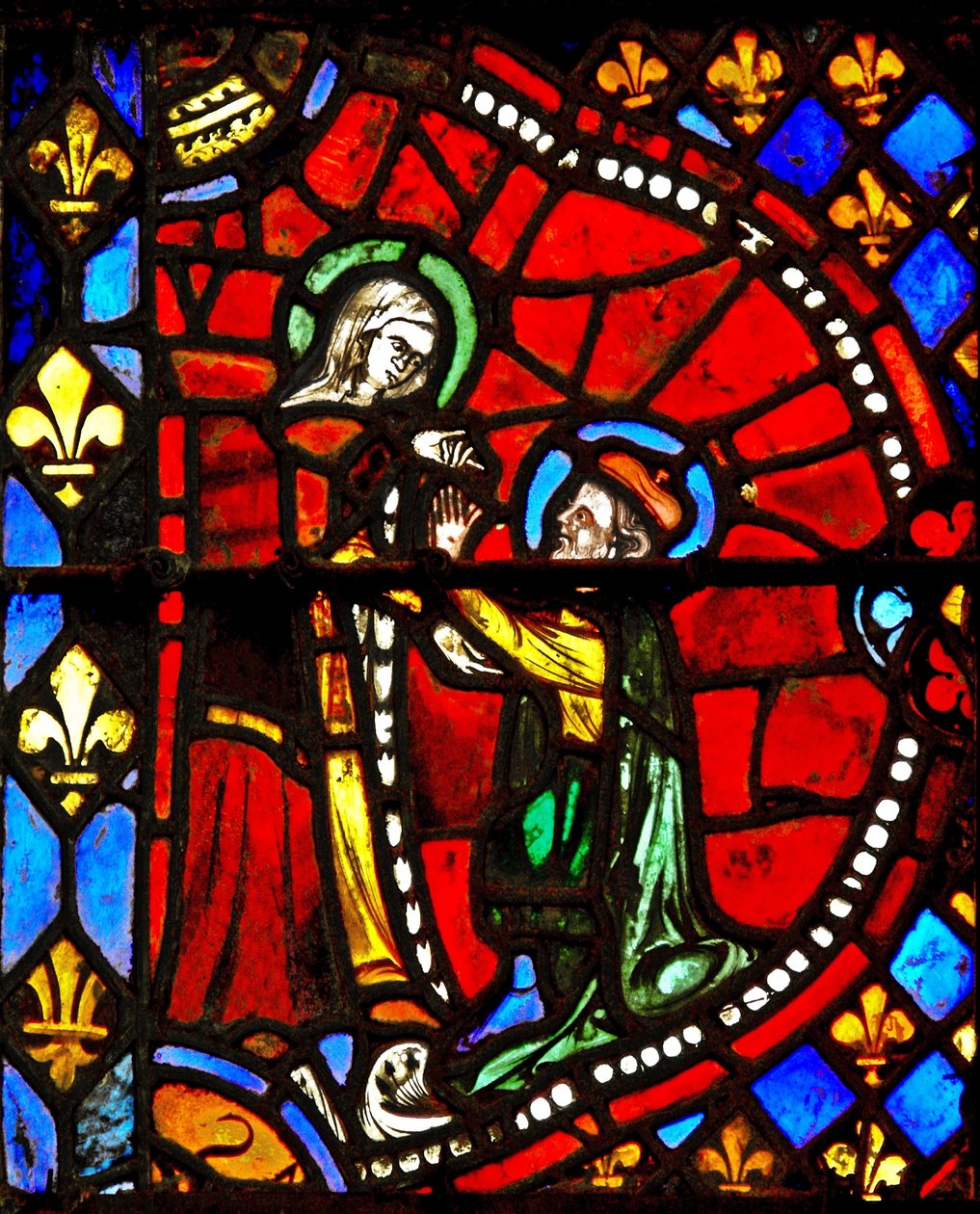 Fenêtre w6 représentant une scène de la Vie de la Vierge Marie : Joseph demande pardon à la Vierge Marie - French School