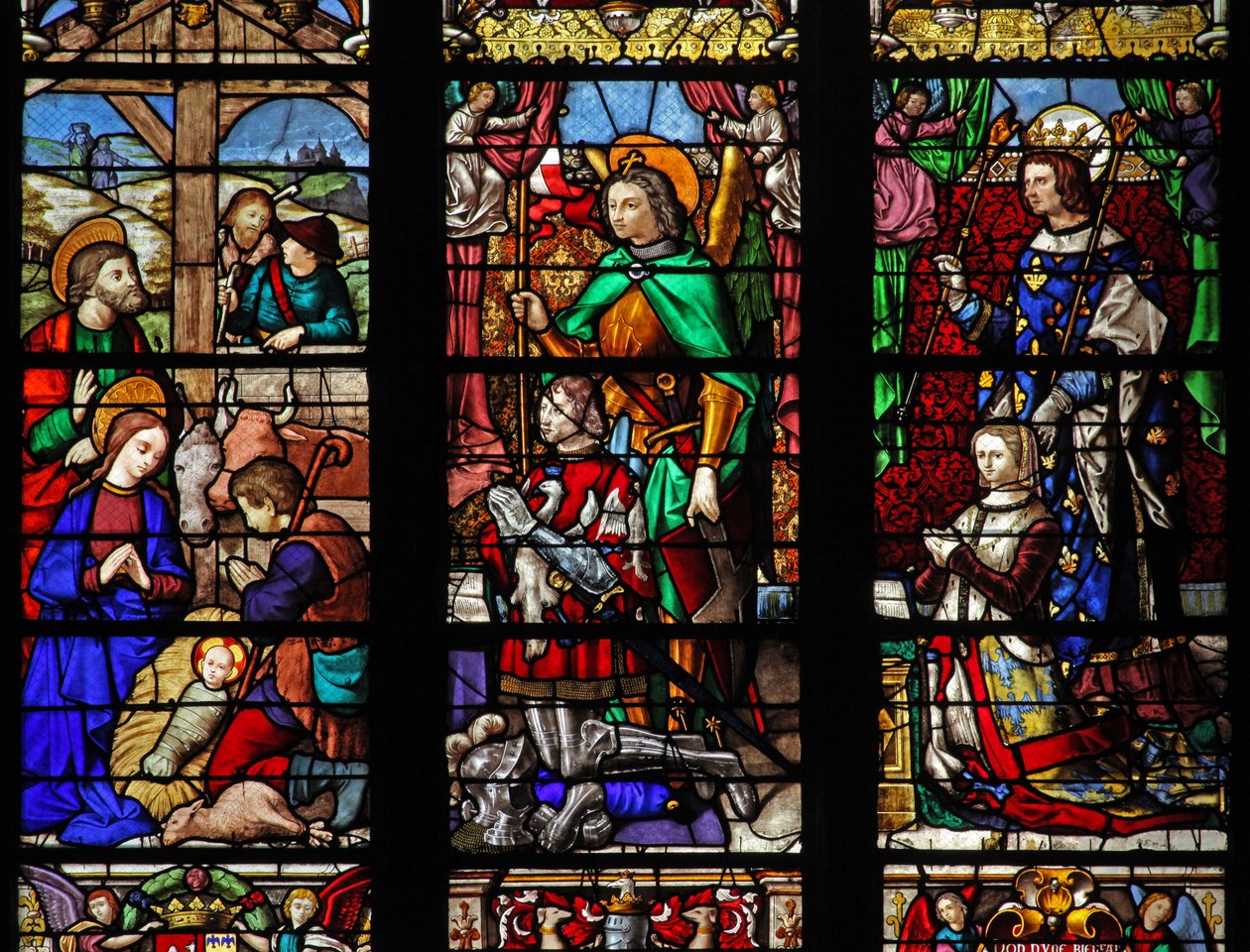 Fenêtre w6 représentant la Nativité avec les bergers; donateurs et saints patrons - French School