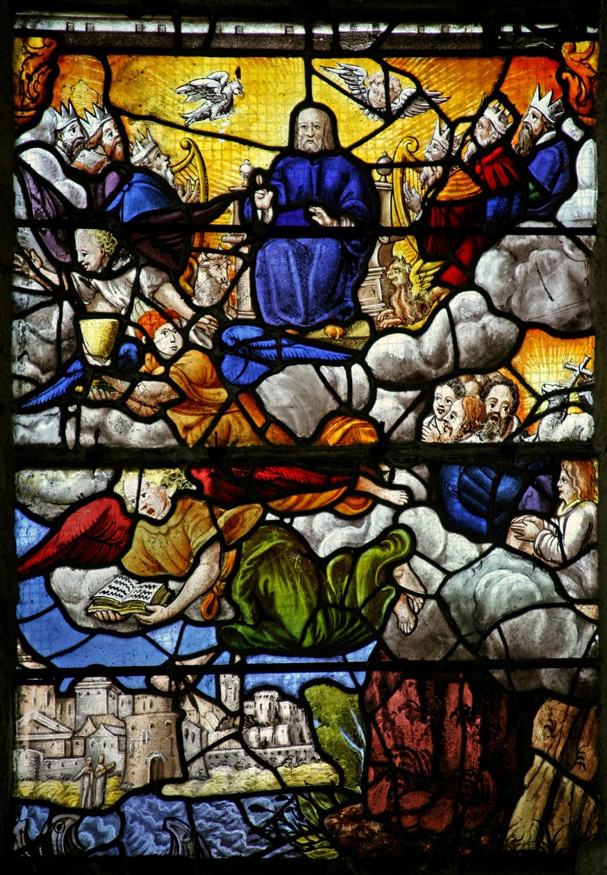 Fenêtre w7 représentant une scène du Livre de la Révélation de Saint Jean : le Trône dans le Ciel : les quatre Bêtes Sacrées - French School
