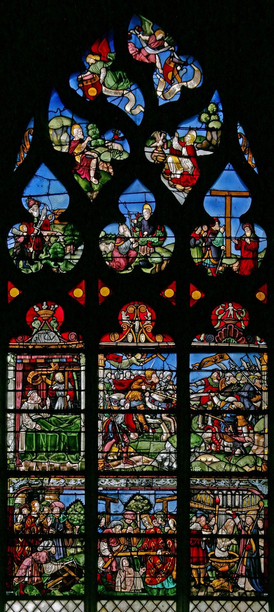 Fenêtre w8 représentant Sainte Hélène, Constantin et le Triomphe de la Croix - French School