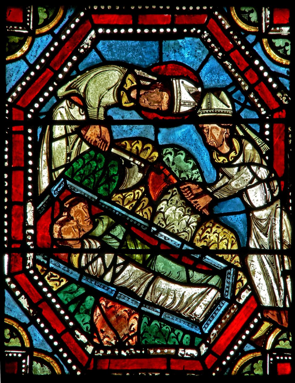 Fenêtre wXX représentant Saint Ambroise trouvant les restes de Saint Gervais et Saint Protais - French School
