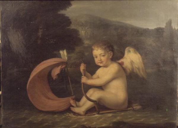 Cupidon ailé, naviguant sur un bateau avec une coque en carquois et un mât en flèche, vers 1800 - French School