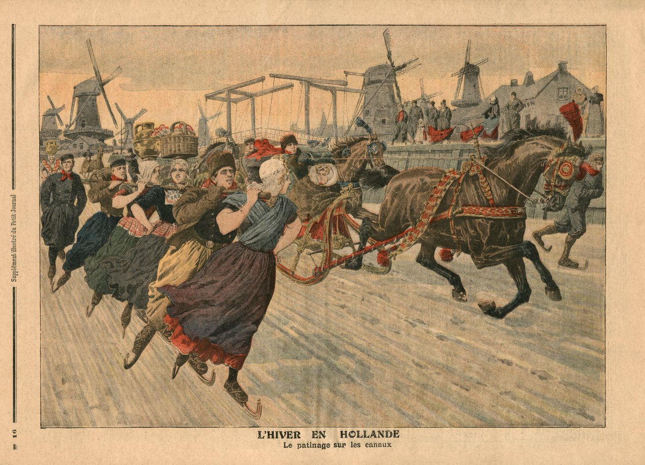 Hiver en Hollande, patinage sur le canal, illustration du 