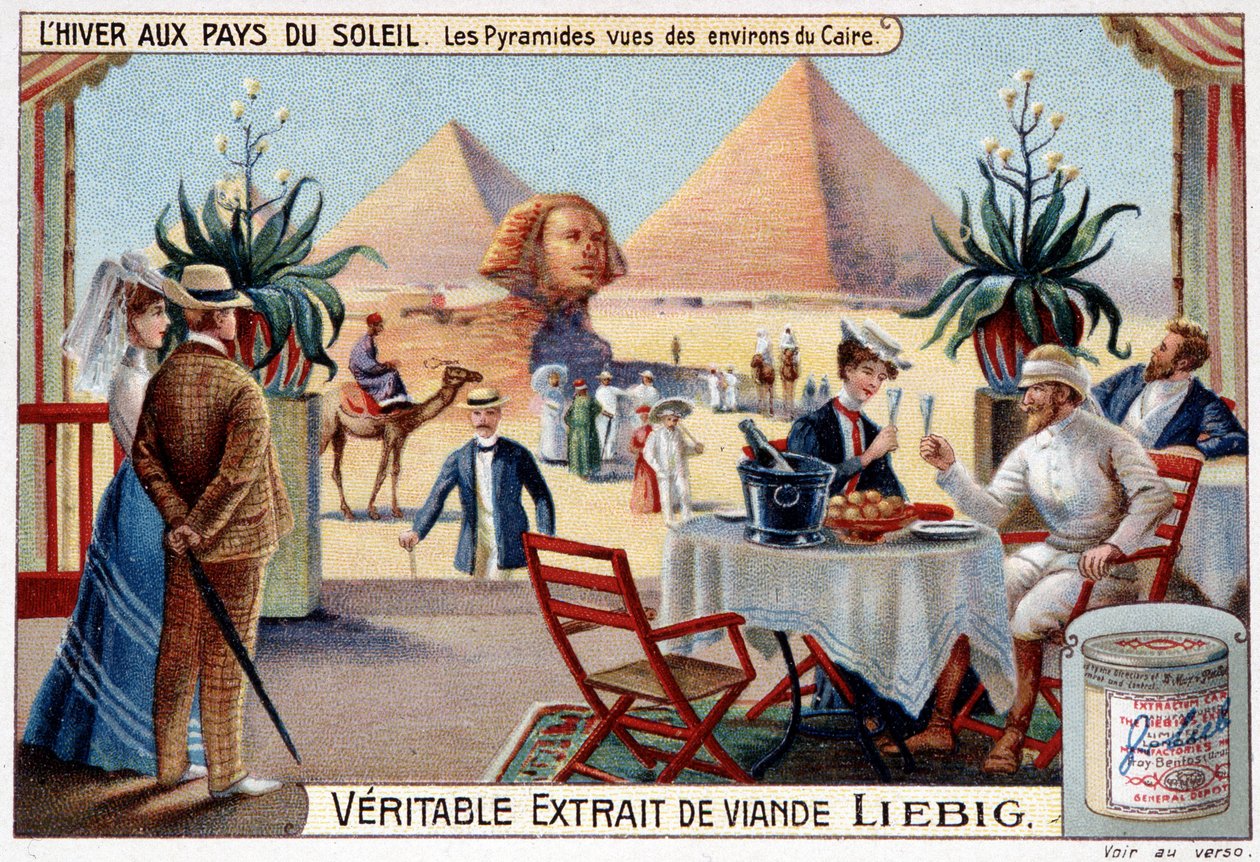 Hiver dans les pays du soleil : pyramides vues des environs du Caire - vignette publicitaire, chromo. Liebig, v.1900 - French School