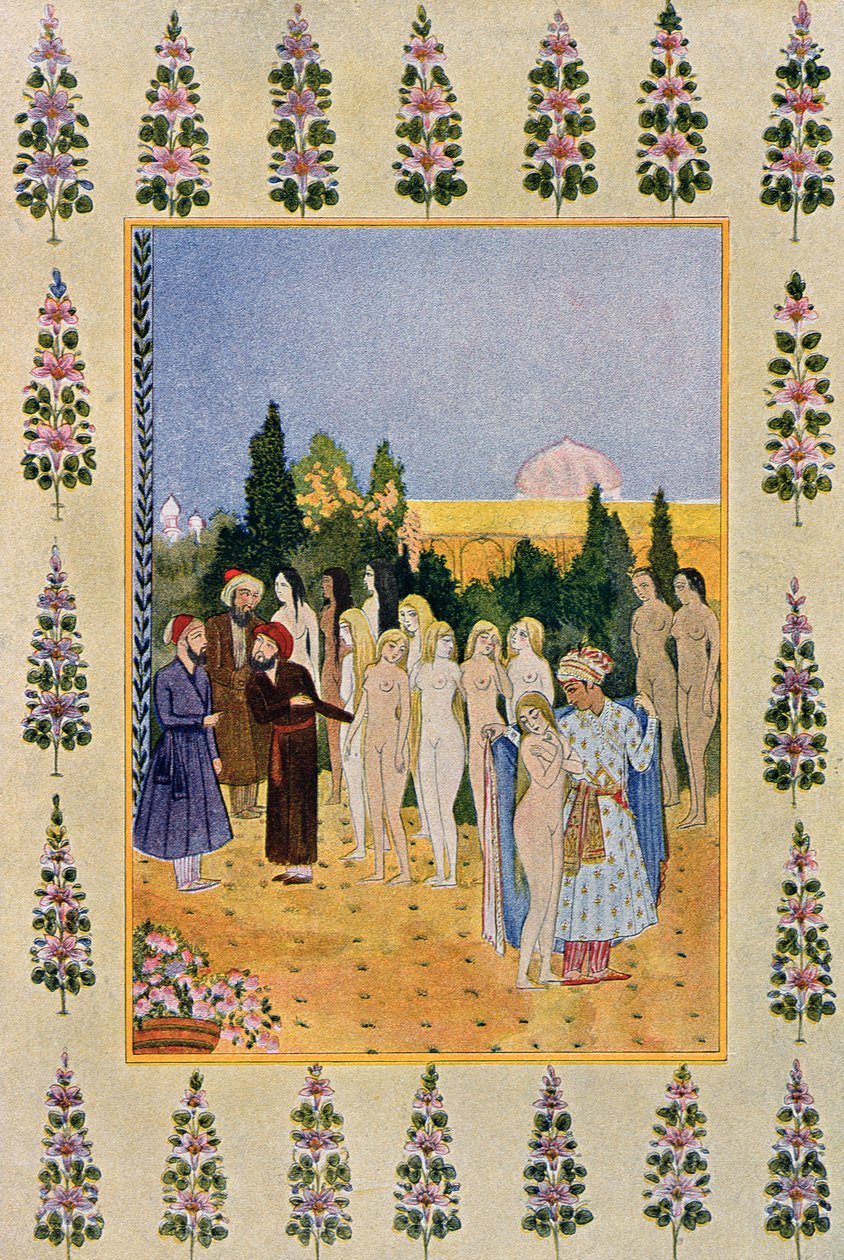 Avec mon manteau, je protégerai sa nudité, illustration de Les Mille et Une Nuits, 1895 (gravure en couleur) - French School