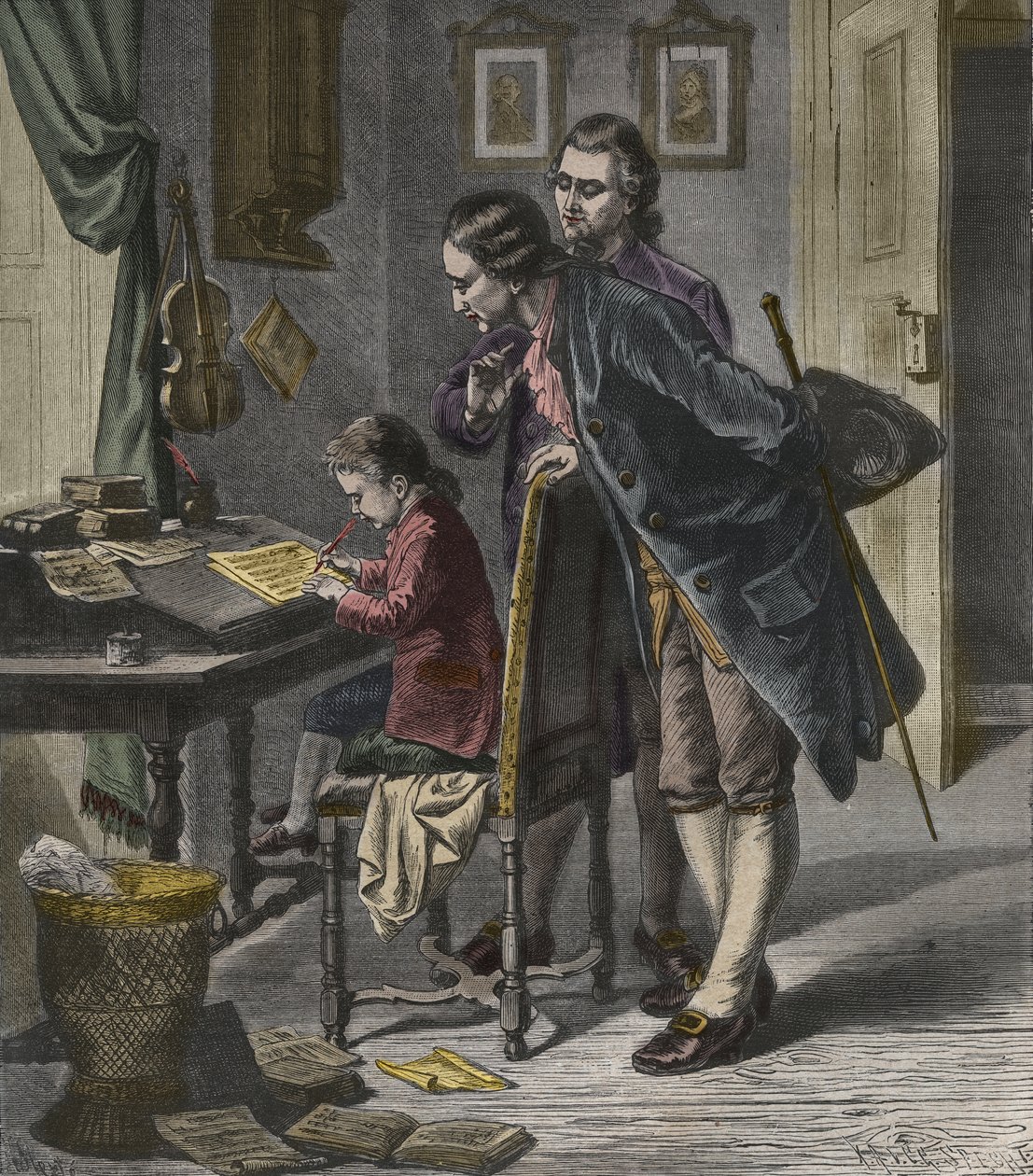 Wolfgang Amadeus Mozart écrivant un concerto en présence de son père, Leopold, illustration de 