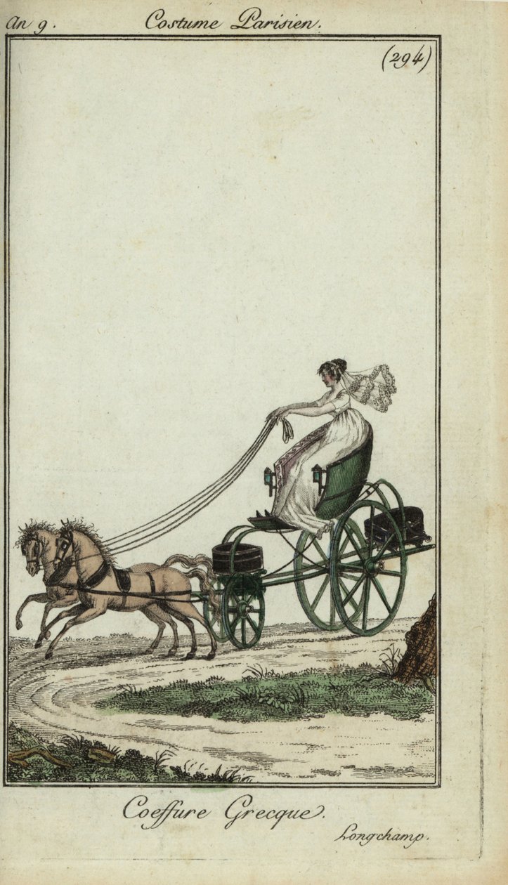 Femme avec une coiffure grecque conduisant une calèche à Longchamp - French School