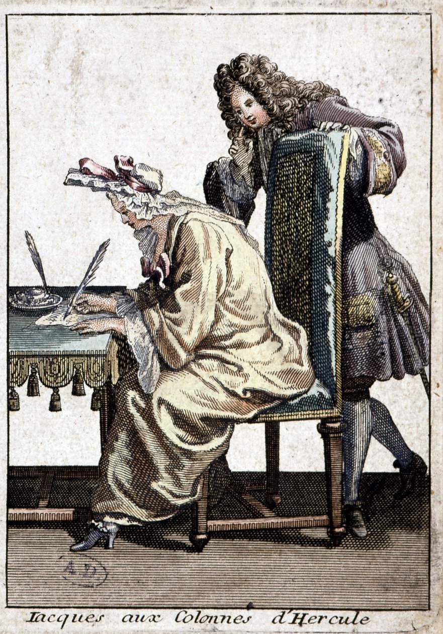 Femme en chemise et bonnet de nuit écrivant une lettre avec un homme - French School