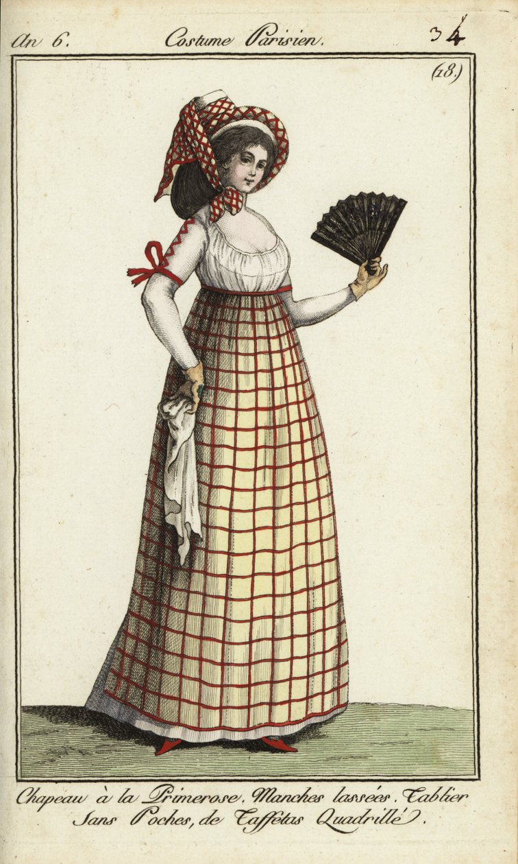 Femme avec chapeau Primerose à la mode de 1798 (gravure sur cuivre coloriée à la main) - French School
