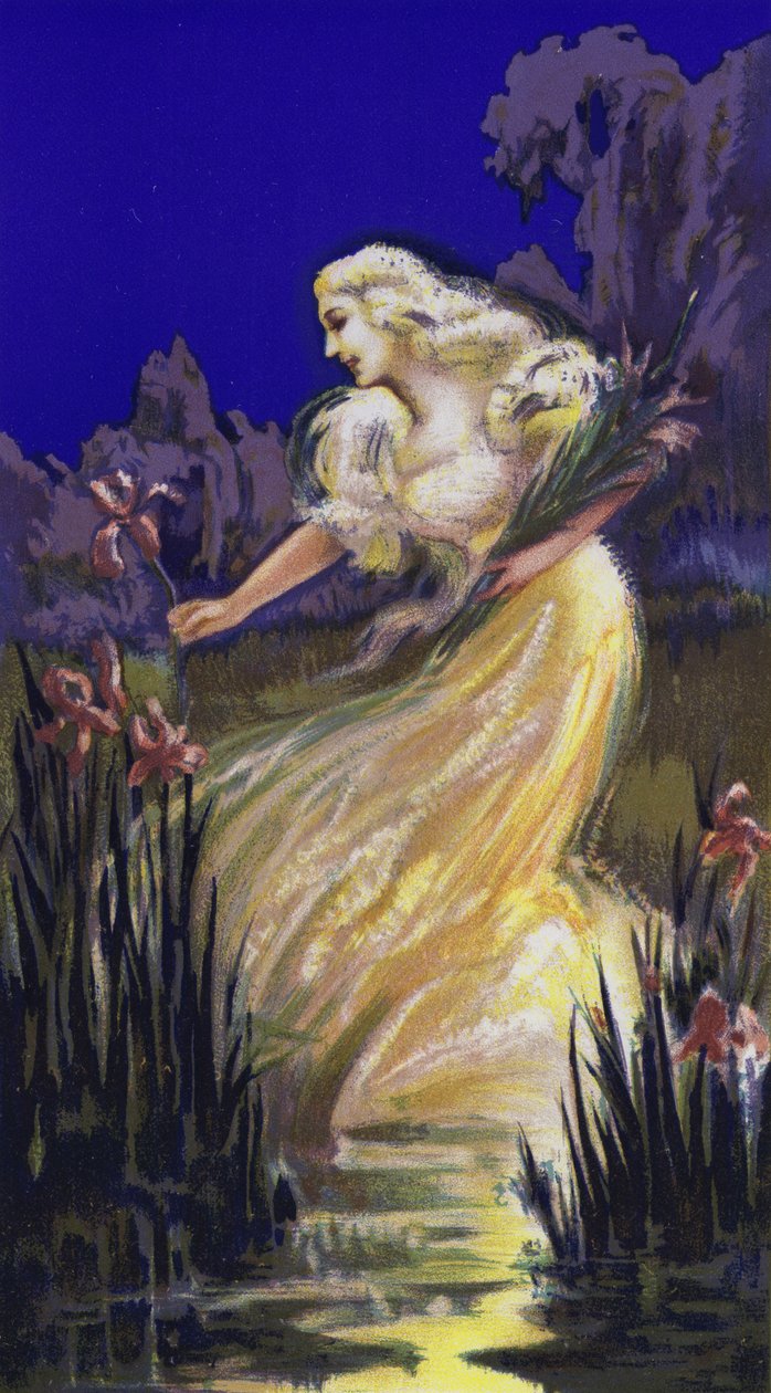 Femme cueillant des iris (lithographie couleur) - French School