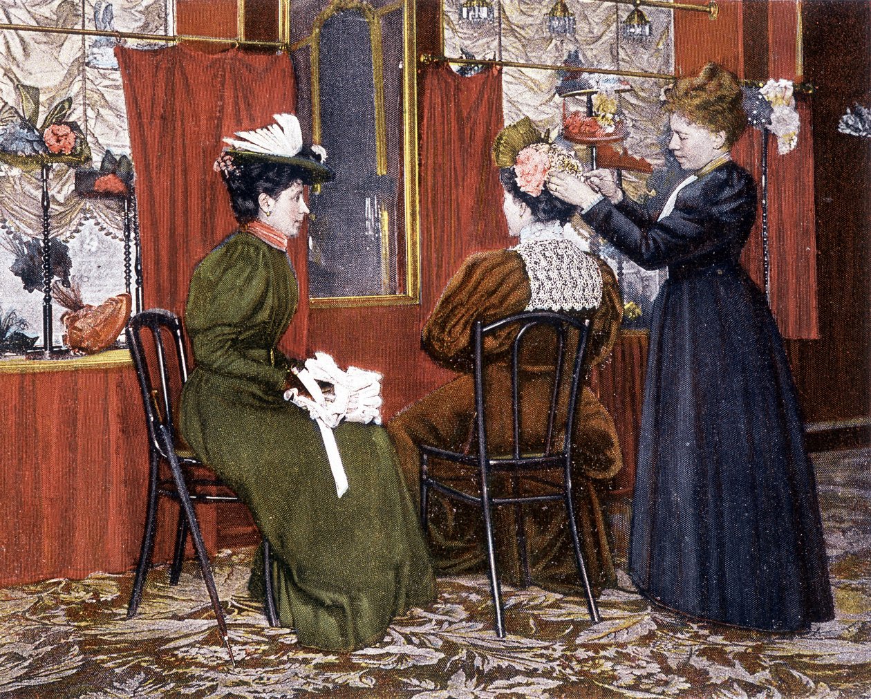 Femme coiffant une dame avec un chapeau à la Maison Nouvelle - French School