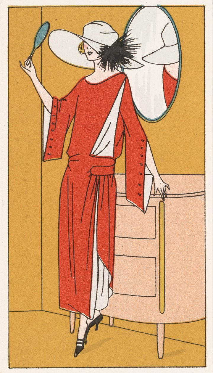 Femme portant une robe en crêpe rouge et un chapeau blanc dans les années 1920 (lithographie couleur) - French School
