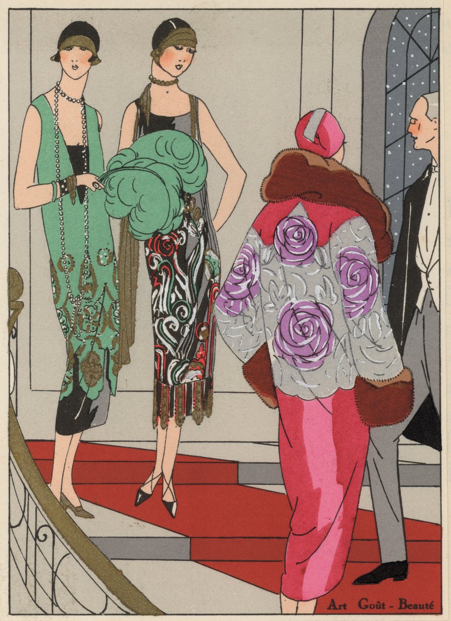 Vêtements de soirée pour femmes des années 1920 des créateurs Edward Molyneux et Martial et Amand (lithographie en couleur) - French School