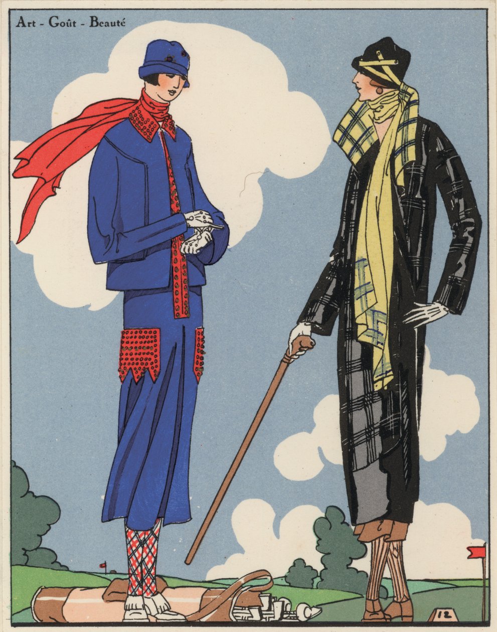 Vêtements de golf pour femmes des années 1920 par les créateurs Martial et Armand, et Christoph Drecoll. (lithographie couleur) - French School
