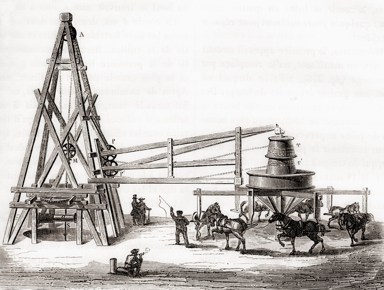 Travailleurs utilisant le carrousel et le treuil pour forer les puits artésiens à Grenelle, France au 19ème siècle, de 