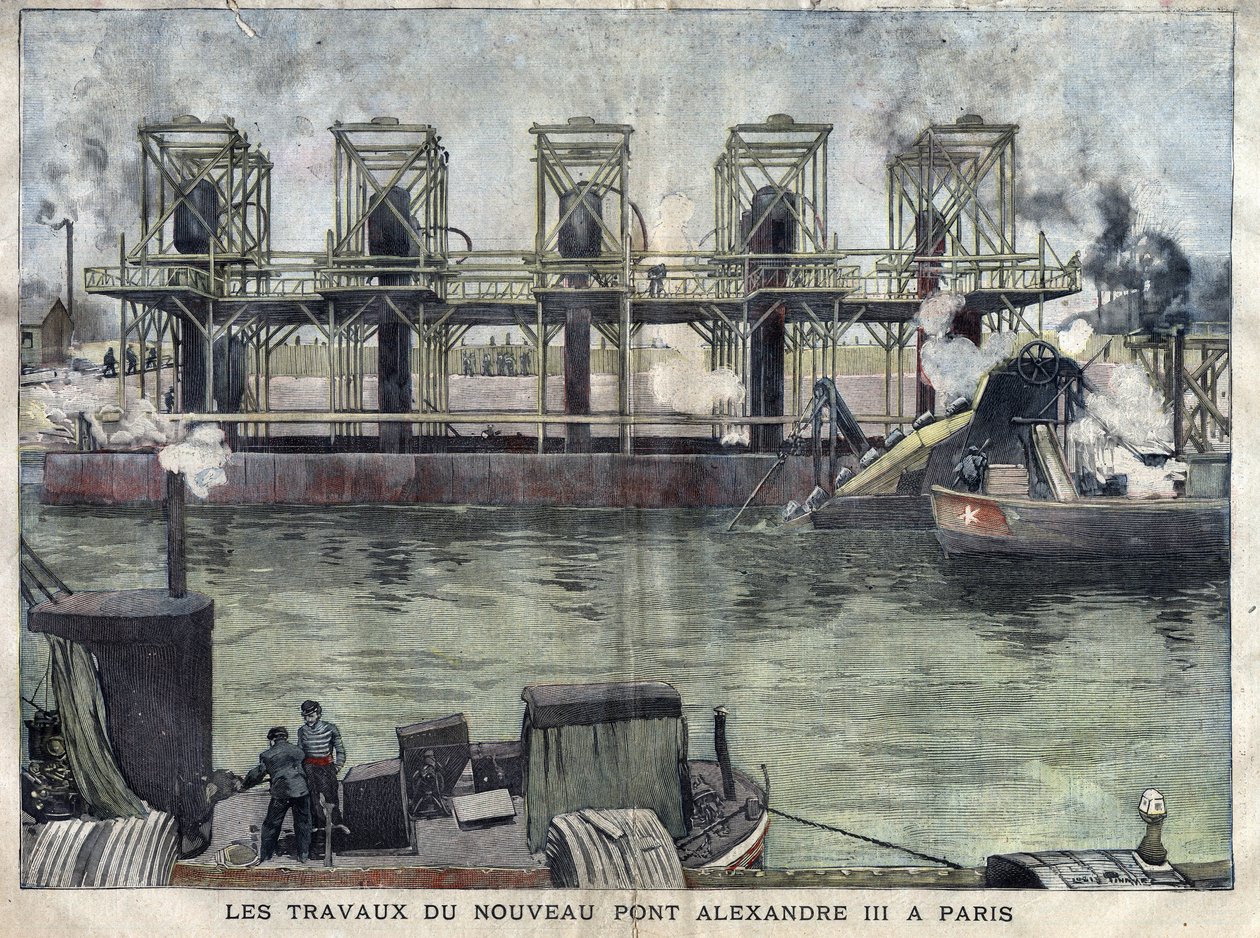 Travaux à Paris du pont Alexandre III. Gravure d