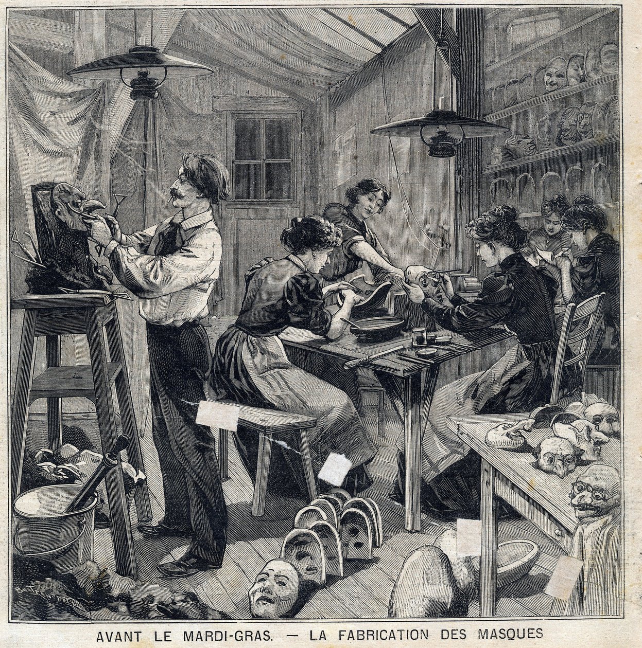 Atelier de fabrication de masques pour les déguisements du carnaval de Mardi Gras. Dans « Le Petit Parisien » du 14/02/1897 - French School