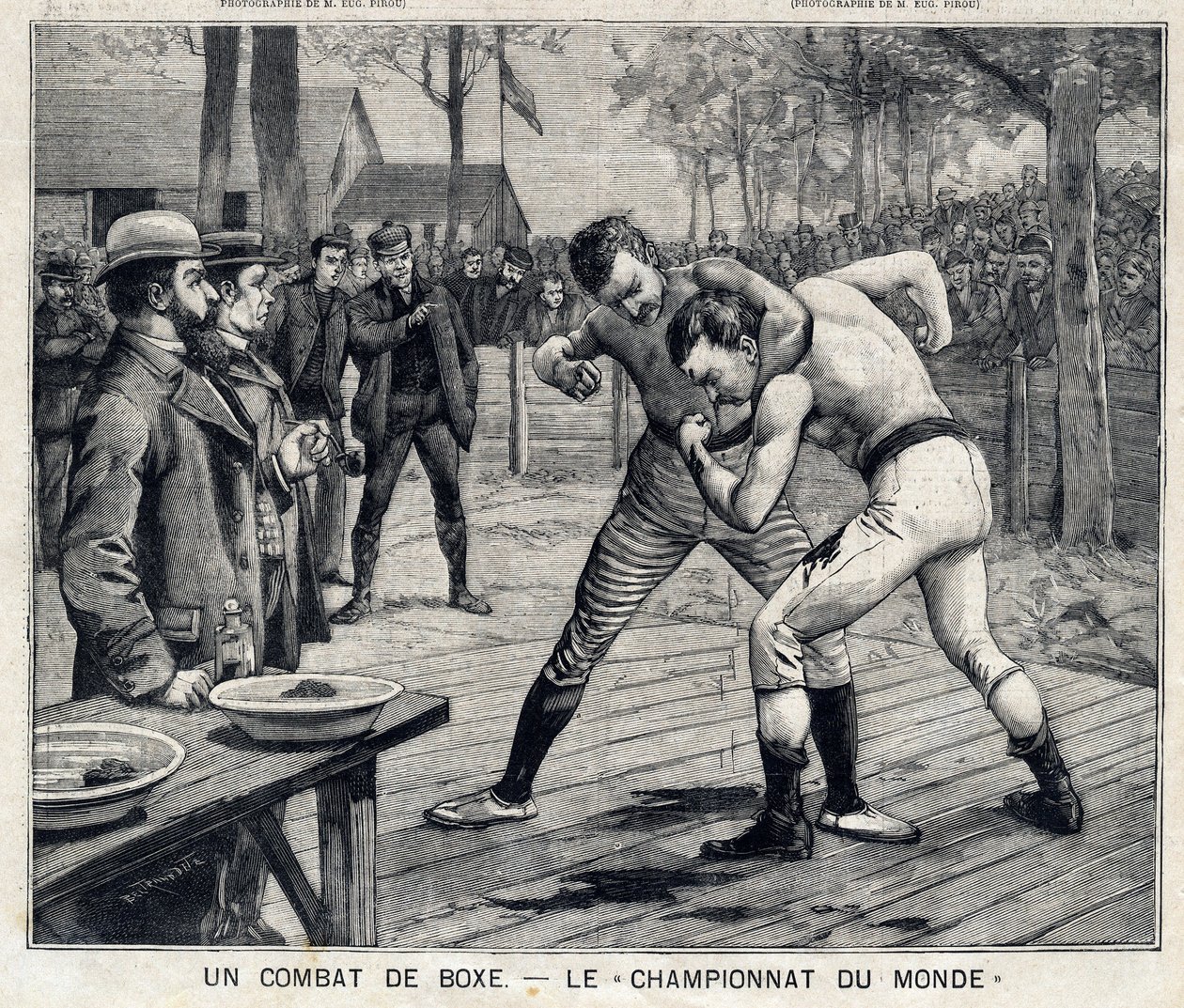 Championnat du monde : combat de boxe entre Jim Corbett et Bob Fitzsimmons à Carson, Nevada, États-Unis : Dans "Le Petit Parisien" du 11/04/1897. Collection privée - French School