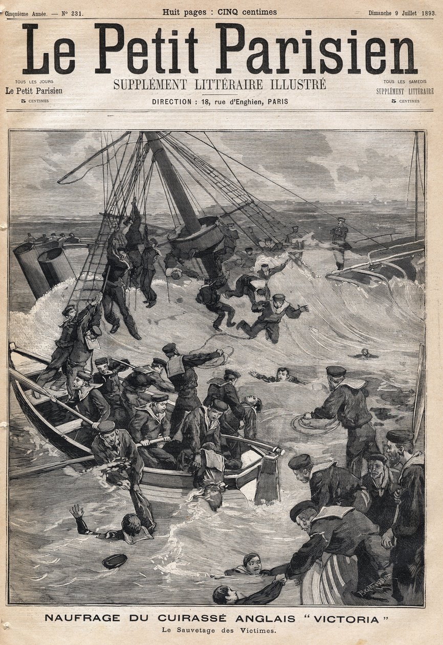 Naufrage du cuirassé anglais « Victoria » suite à une collision sur la côte de Syrie et sauvetage des victimes. Dans « Le Petit Parisien » le 9/07/1893 (gravure) - French School