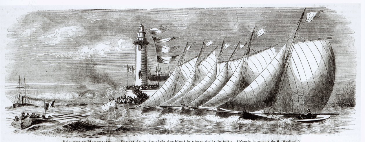 Yachts contournant le Phare de la Joliette pendant la Régate de 1864 à Marseille, de Le Monde Illustré, 17 septembre 1864 - French School