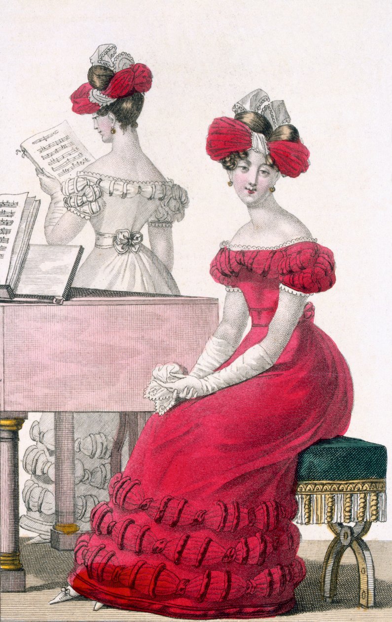 Jeune femme en robe de soirée en crêpe avec une coiffe élaborée, publicité dans Modes de Paris, vers 1825 - French School