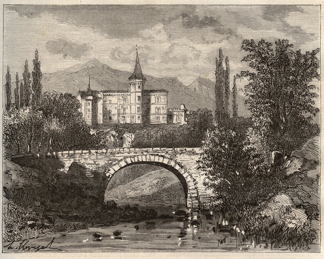 Château de la Rochelambert dans la vallée de la Borne Haute-Loire (43) - gravure dans "La France illustrée : géographie, histoire, administration statistique" par V.A. Malt-Brown. 1884 - French School