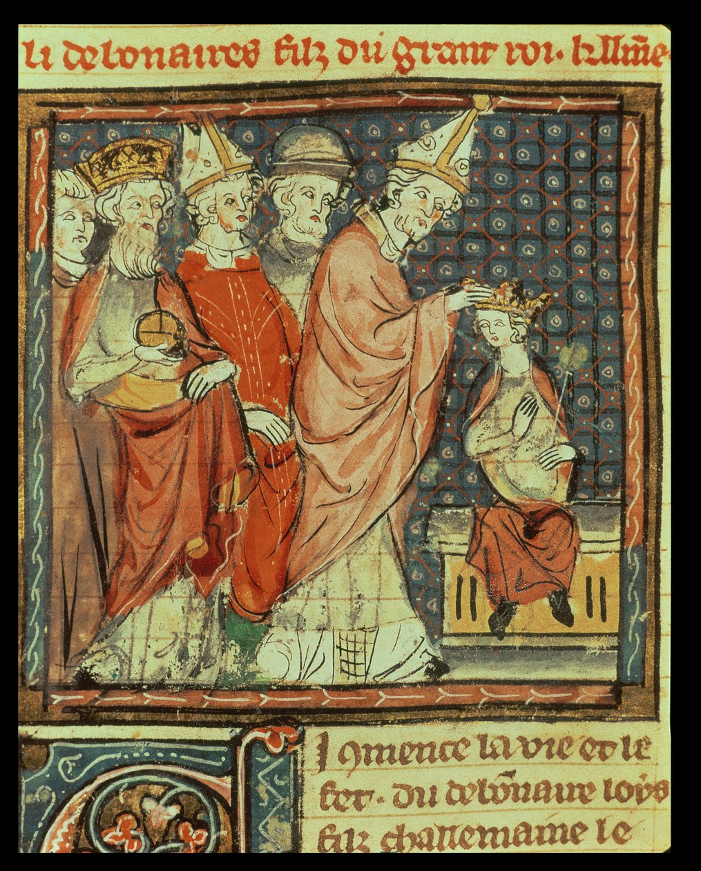Le couronnement de Louis I le Pieux (778-840) empereur romain par le pape Étienne IV (pape 816-817) à Reims en 816, des Grandes Chroniques de France, 1375-79 - French School