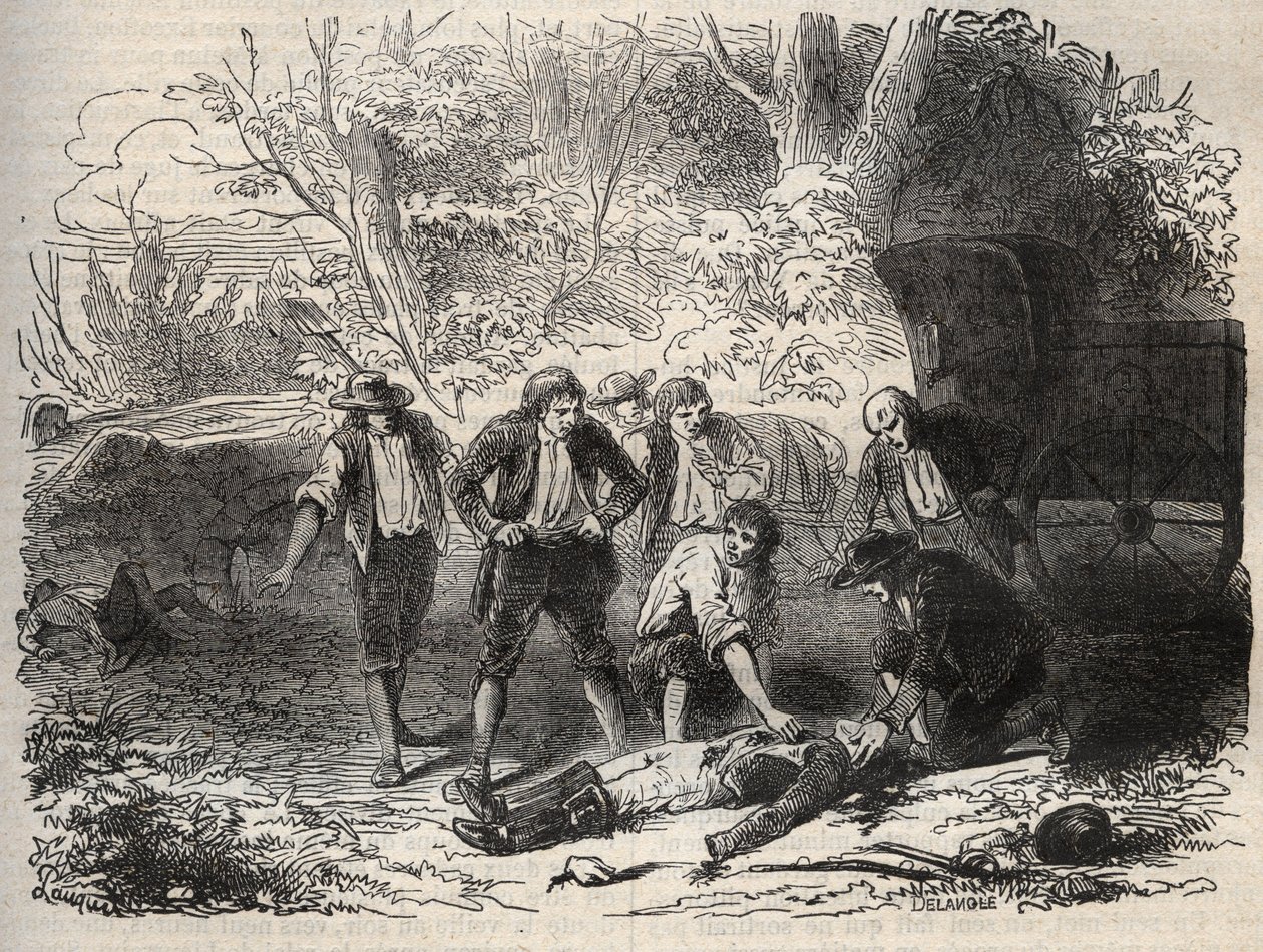 Affaire du courrier de Lyon - la malle-poste est attaquée en Seine-et-Marne par 5 individus le 28 avril 1796 - Gravure dans « Causes célèbres de tous les peuples » par Armand Fouquier (1817-18?) 1858-1867 - collection privée - French School