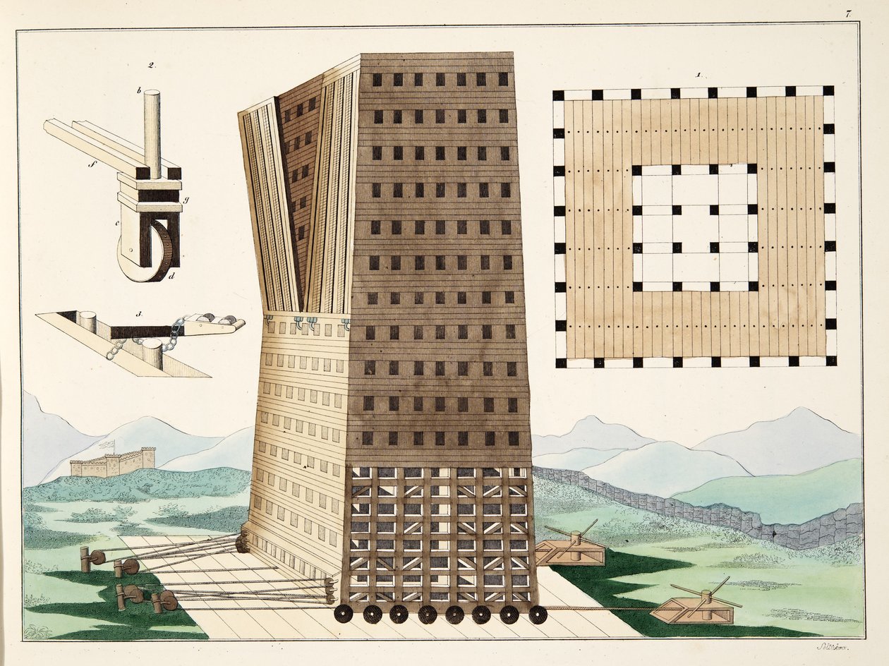 Tour de Démétrios Poliorcète (336-283 av. J.-C.) pendant le siège de Rhodes en 305 av. J.-C., planche tirée de 