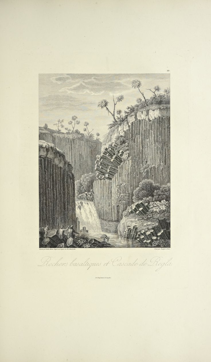 Roches basaltiques et la cascade de Regla, dessiné par Gmelin, gravé par Bouquet, illustration de 