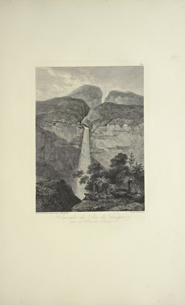 Chutes du Rio de Vinagre, près du volcan de Purace, dessiné par Koch, gravé par Arnold, illustration de 