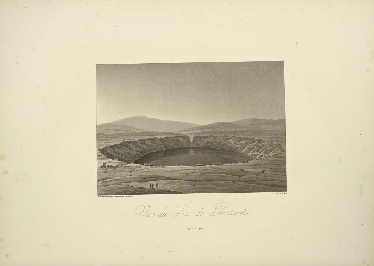 Vue du lac de Guatavita, dessiné par Thibaut, gravé par Bouquet, illustration de 