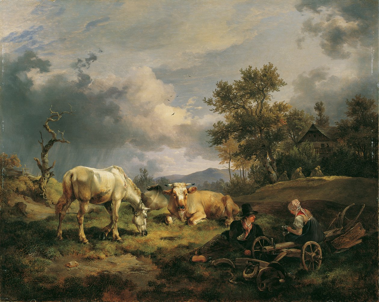 Jeune couple de paysans se reposant dans le champ - Friedrich August Mathias Gauermann
