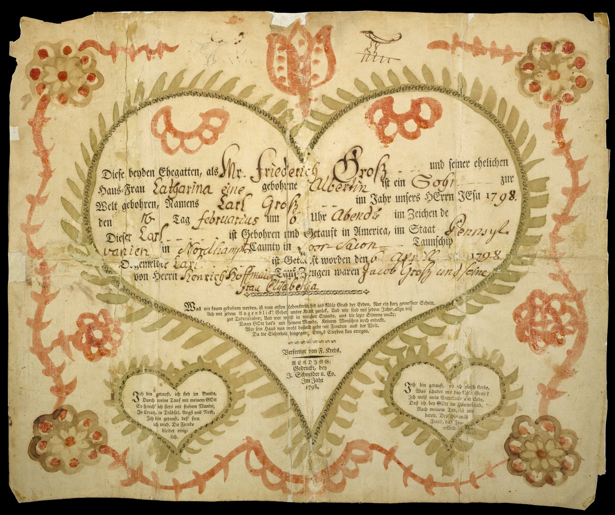 Certificat de naissance et de baptême, vers 1800 - Friedrich Krebs