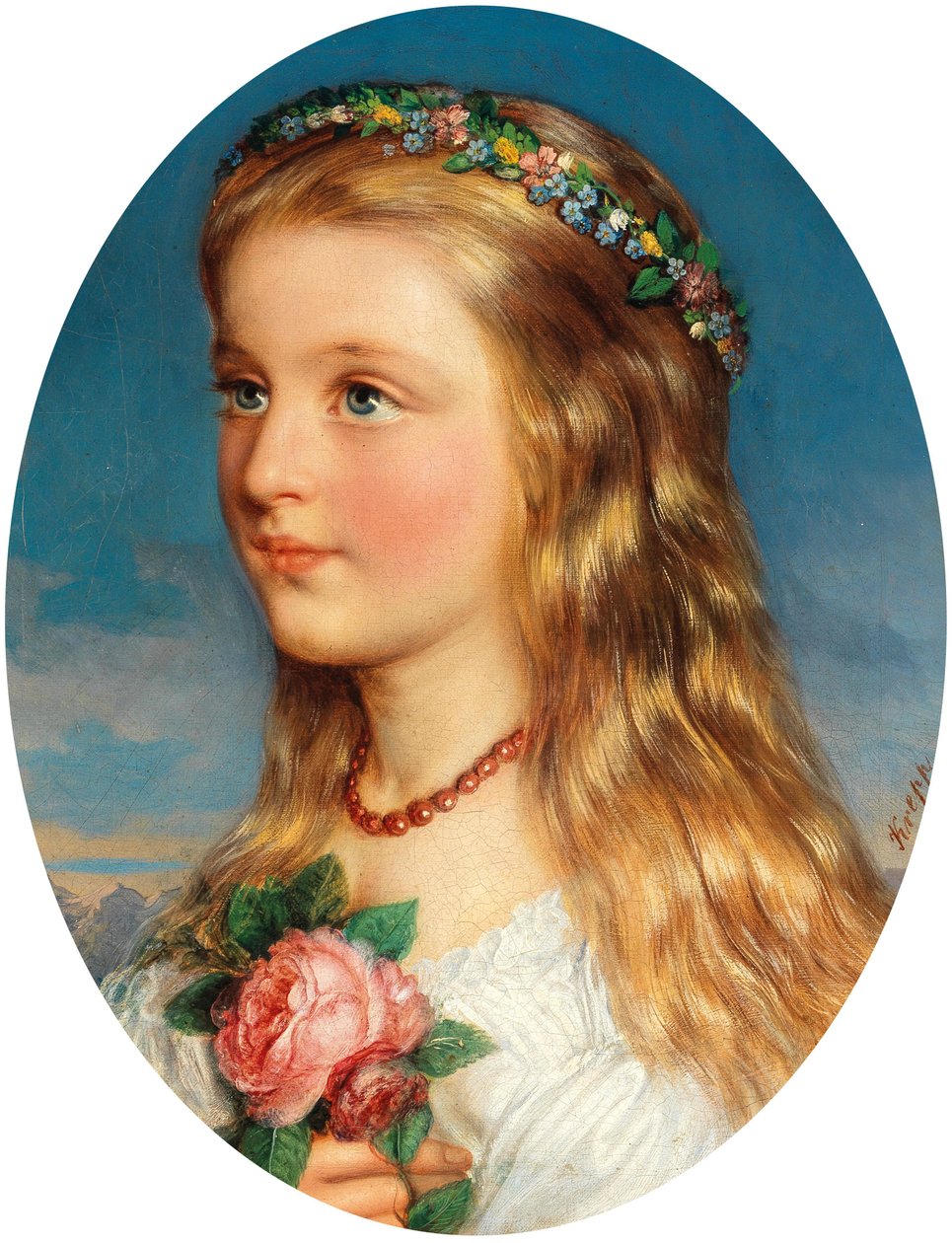 Friedrich Krepp Portrait de jeune fille avec couronne de fleurs et roses - Friedrich Krepp