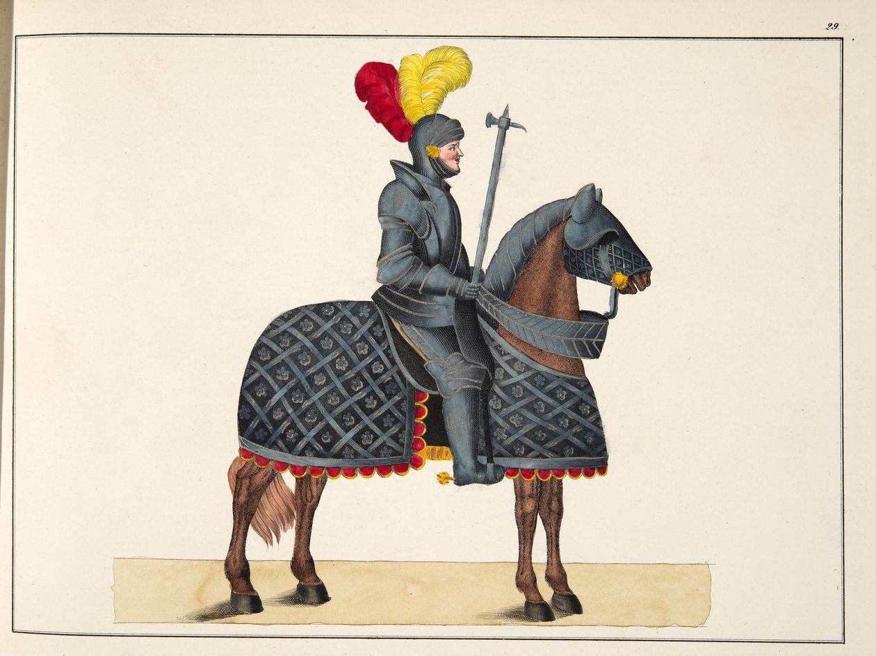 Chevalier en armure sur son cheval, planche de 