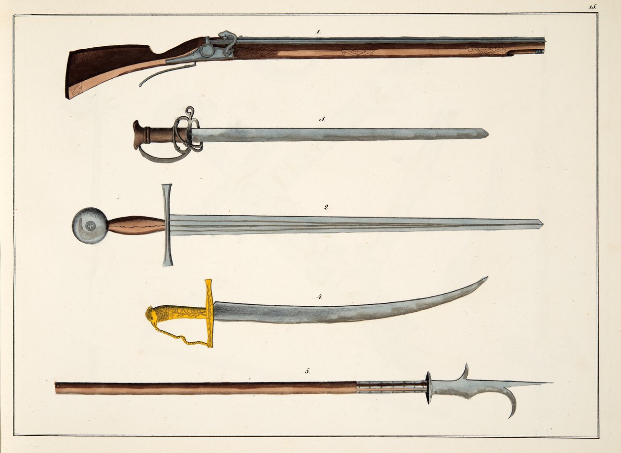 Armes incluant des épées et des lances, c.1400, planche de A History of the Development and Customs of Chivalry, par Dr. Franz Kottenkamp, publié par Carl Hoffmann, 1842 - Friedrich Martin von Reibisch