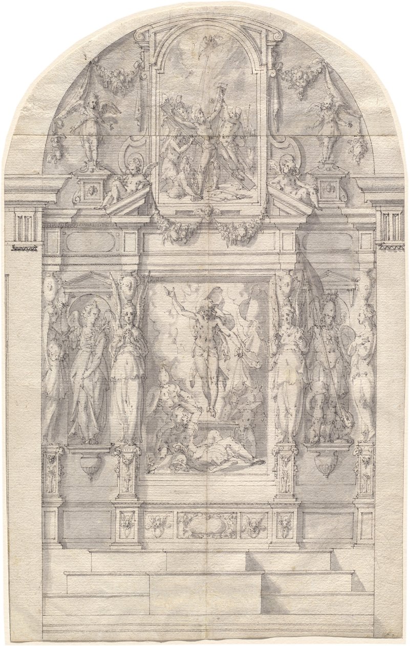 Un autel élaboré avec la Résurrection du Christ et le martyre de Saint André - Friedrich Sustris