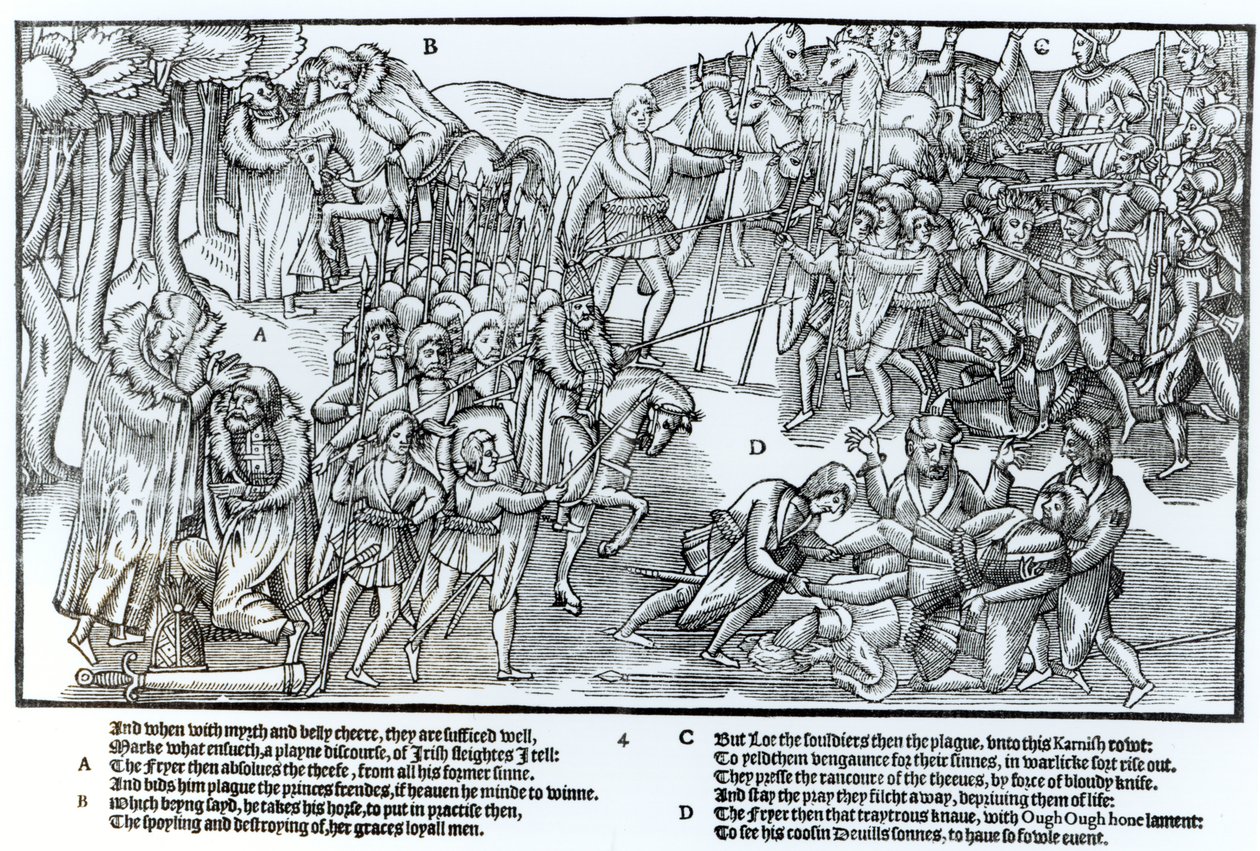 Le chef irlandais reçoit la bénédiction du prêtre avant de partir combattre les Anglais, qui sont montrés en armure complète, planche 4 de 