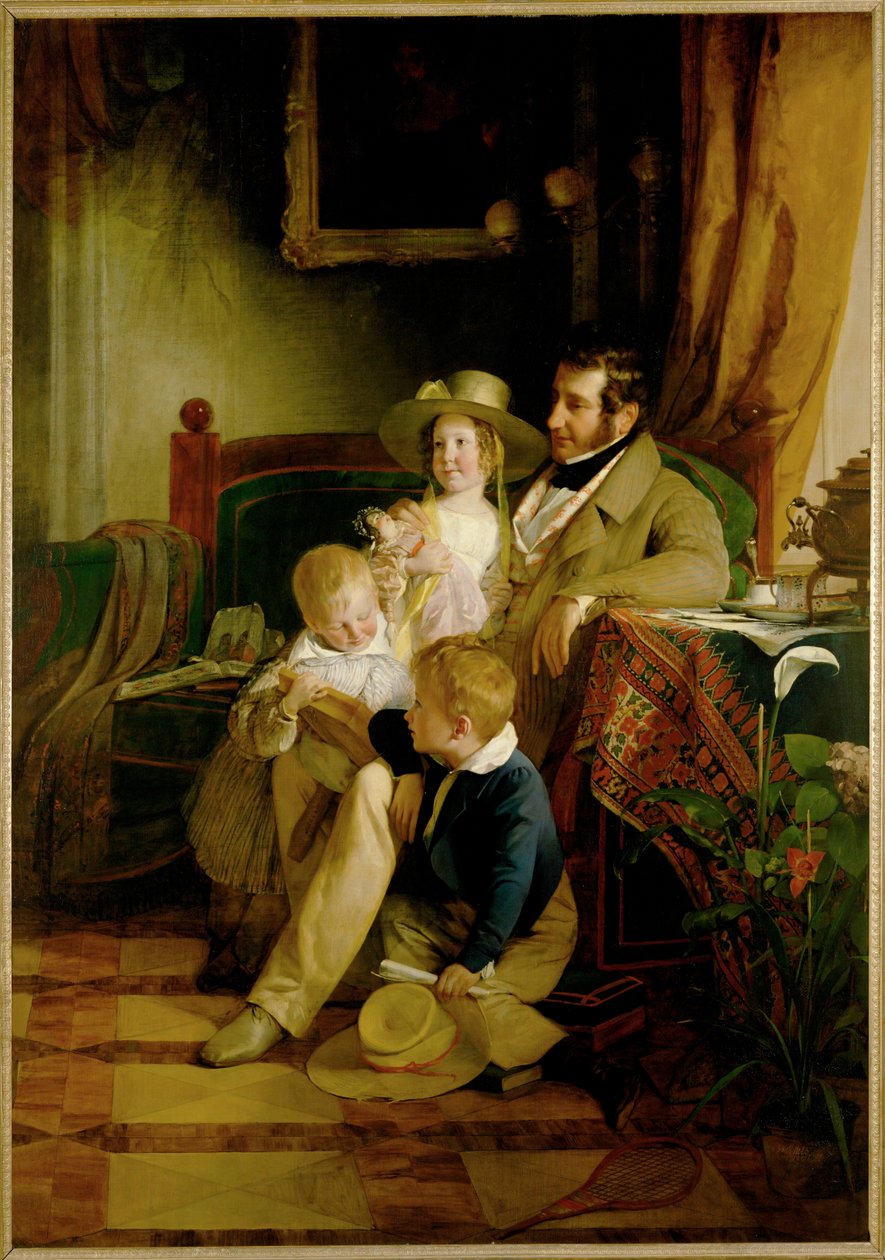 Rudolf von Arthaber et ses enfants Rudolf Emilie et Gustav, regardant la photo de leur défunte épouse et mère ... (peinture sur toile) - Friedrich von Amerling