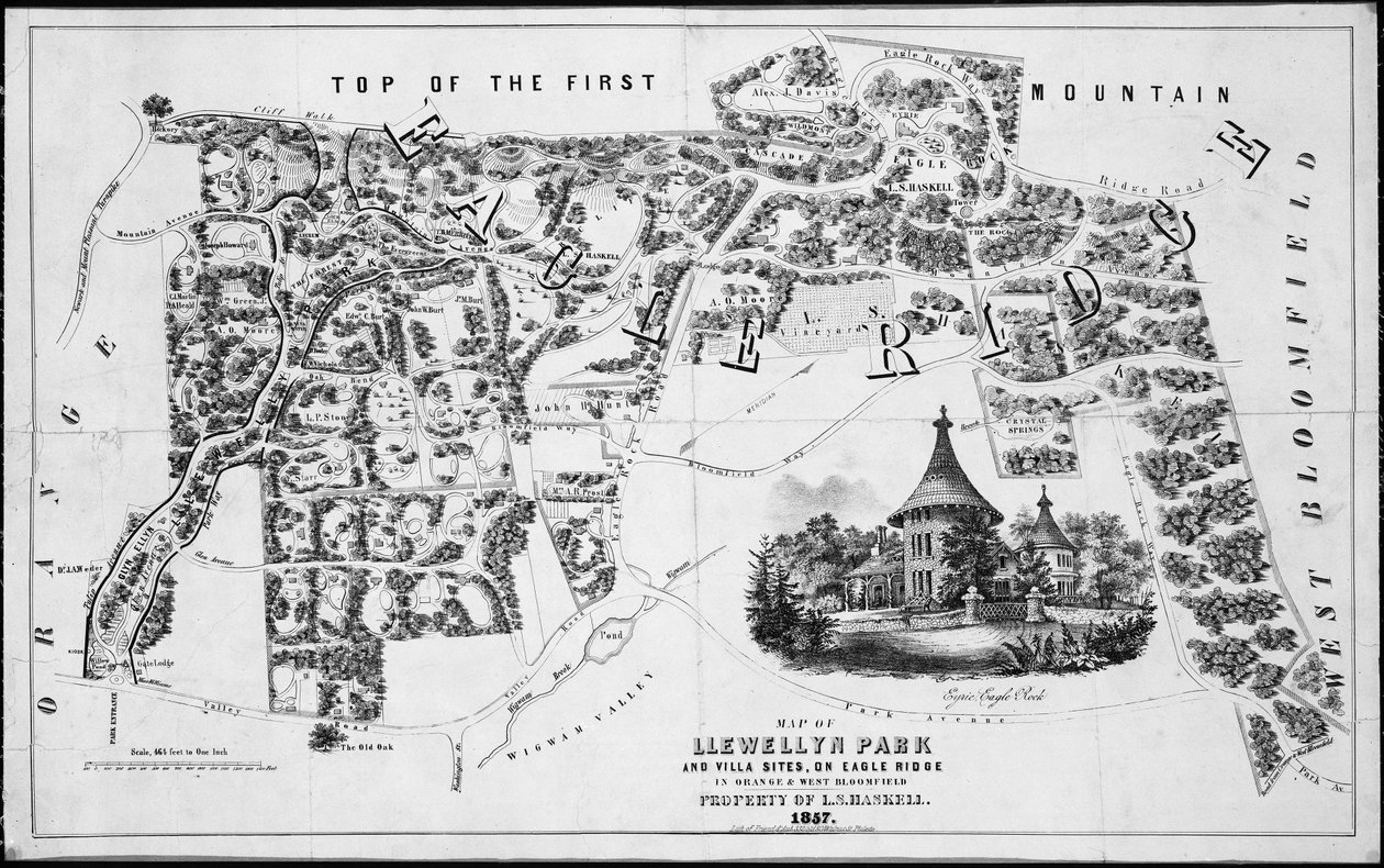 Carte de Llewellyn Park et des sites de villas, sur Eagle Ridge à Orange & West Bloomfield, 1857 - Friend and Aub