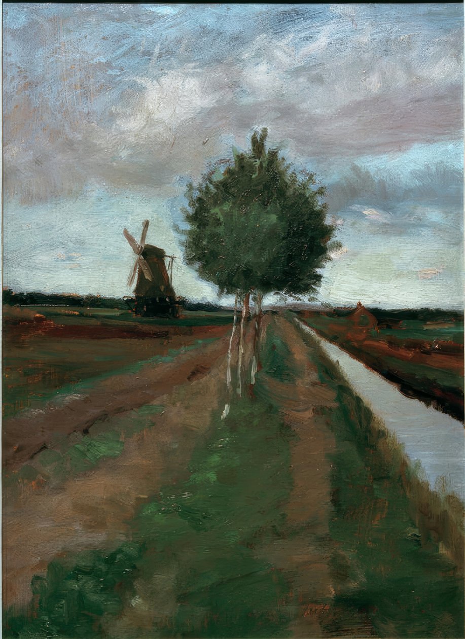 Moulin et route avec des bouleaux - Fritz Mackensen